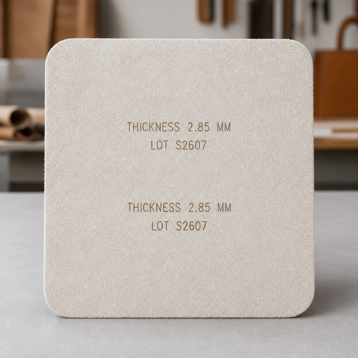 Repeated thickness and lot coding on ivory suede