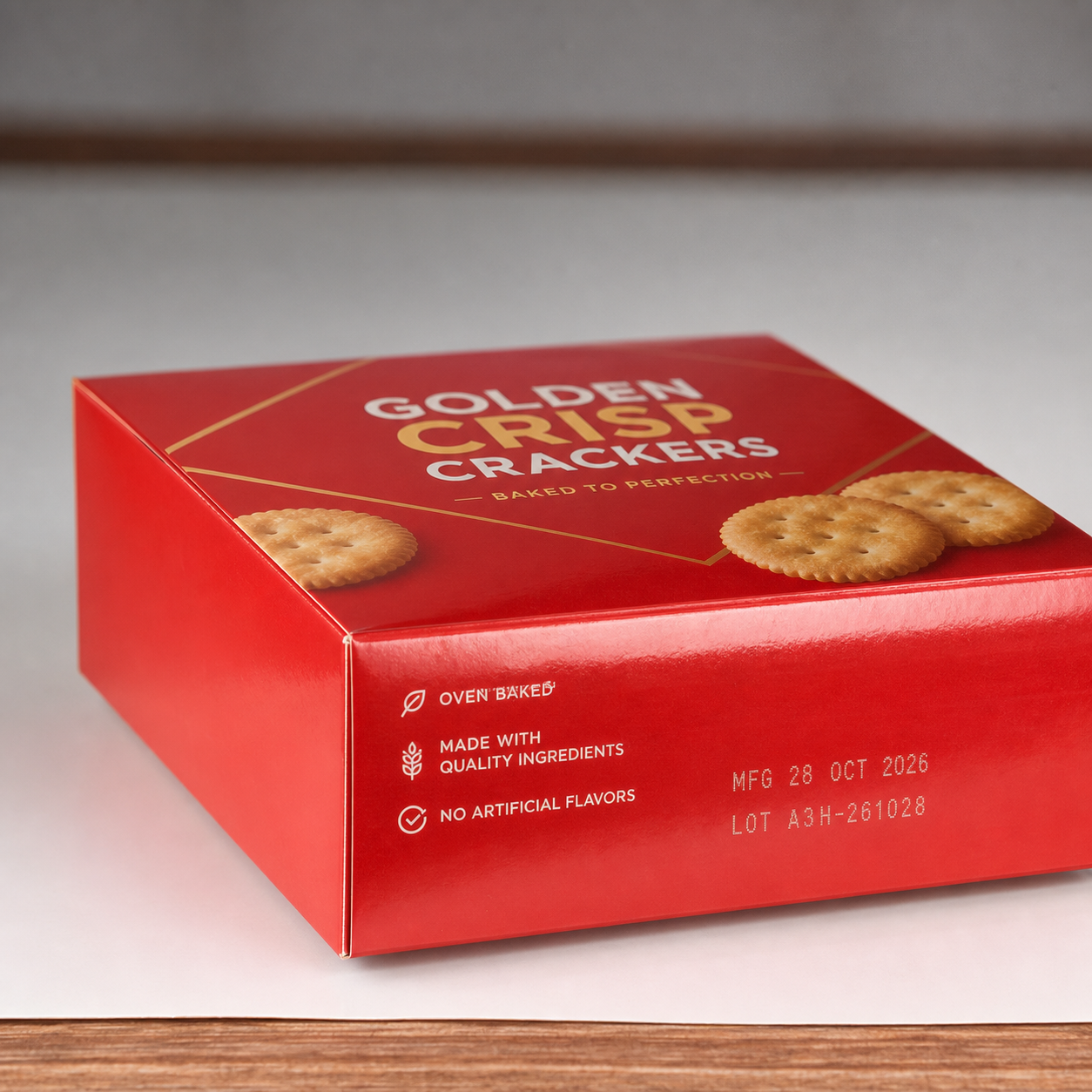 English date coding on a glossy cracker carton