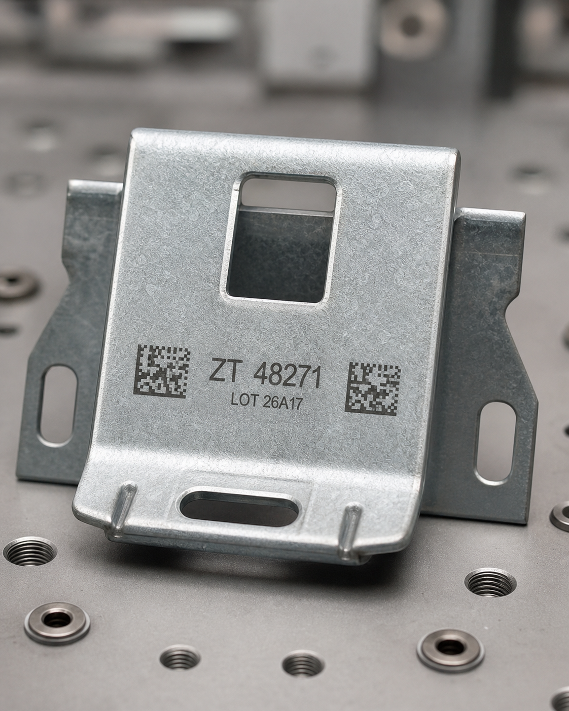 Dual-code traceability on a galvanized-steel bracket