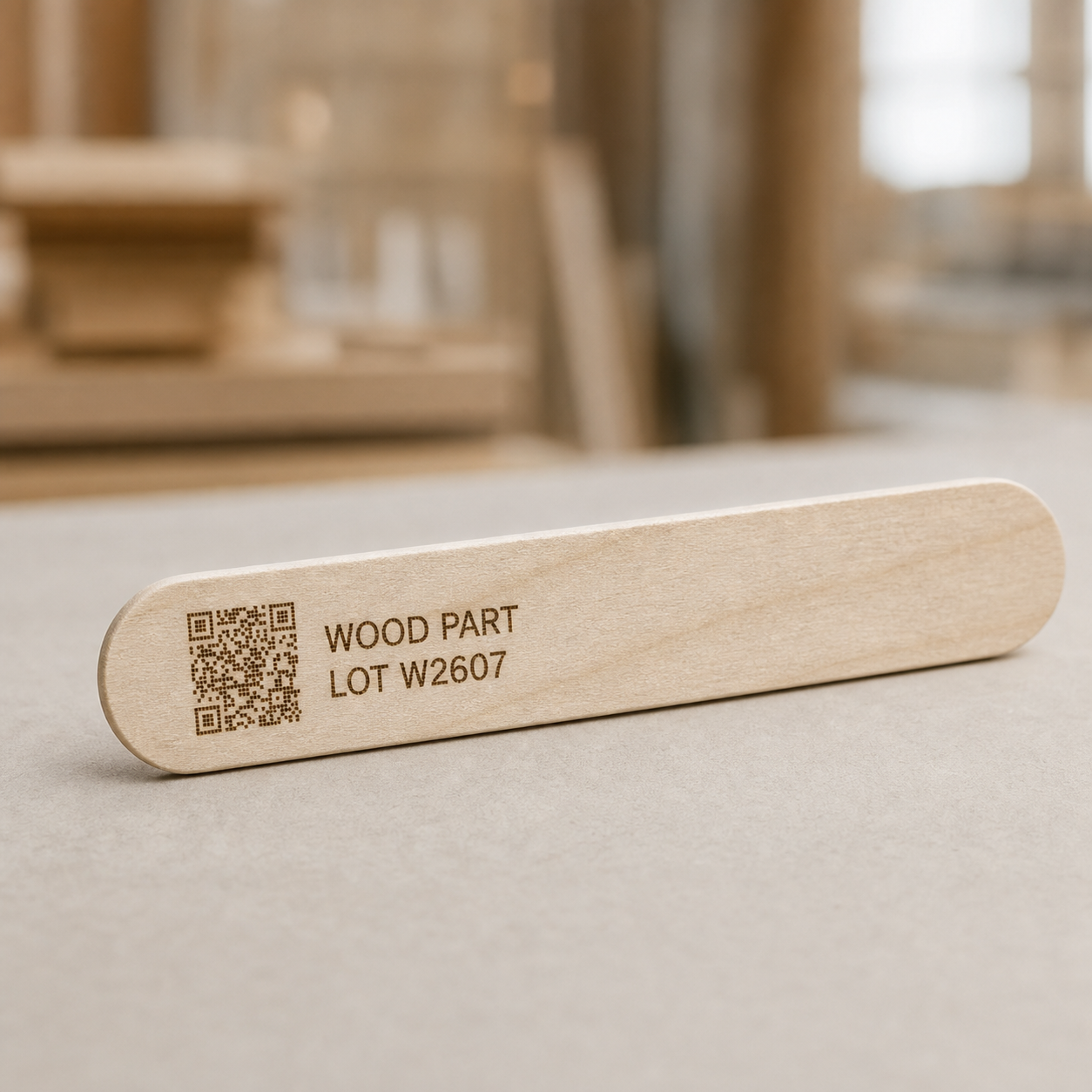 QR and lot engraving on a birchwood component