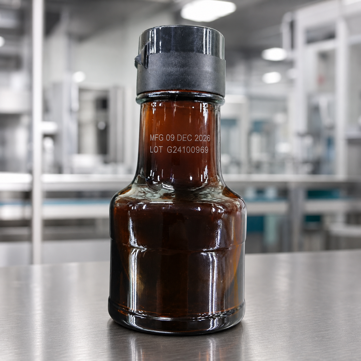 Date and lot coding on an amber glass bottle