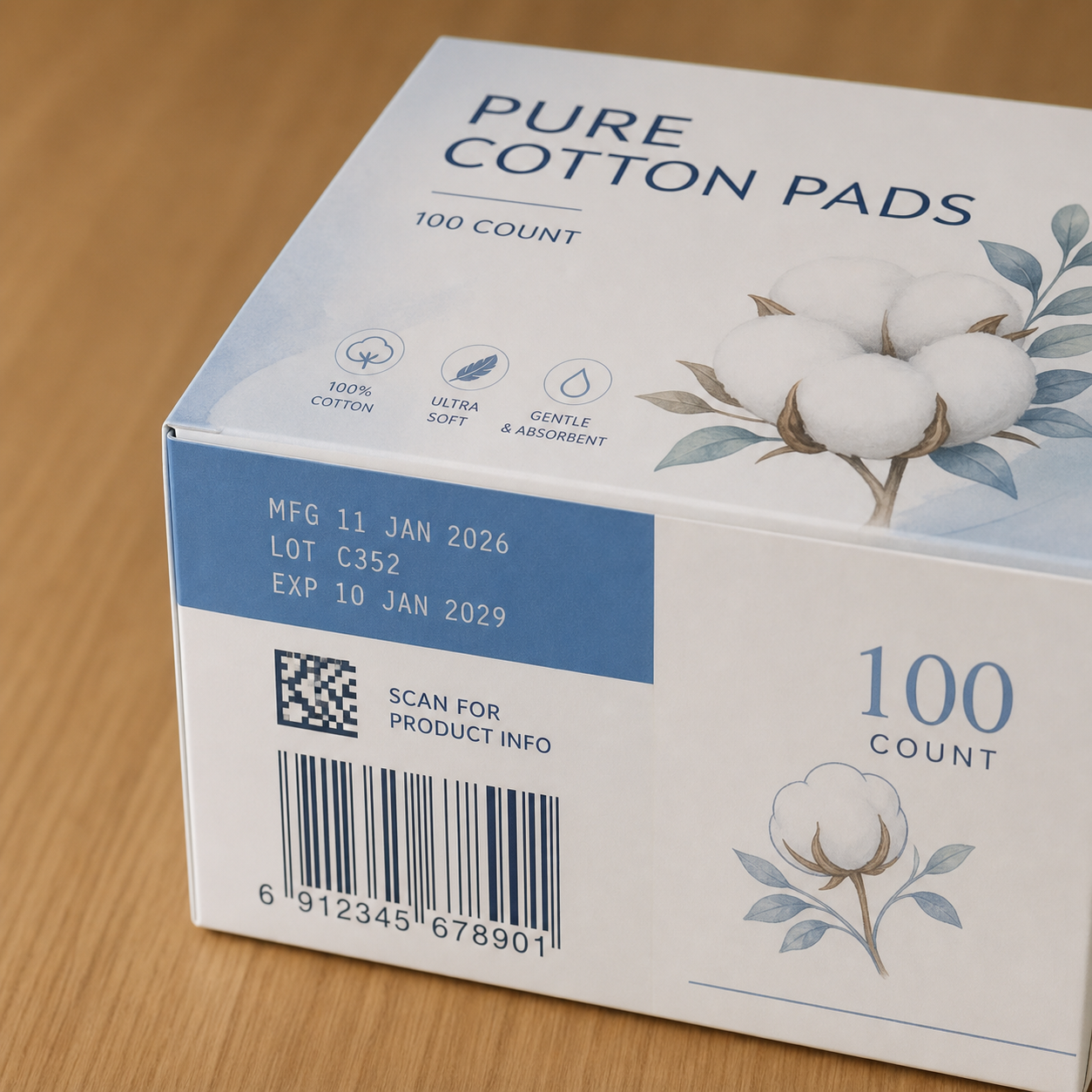 English traceability coding on a cotton-pad carton